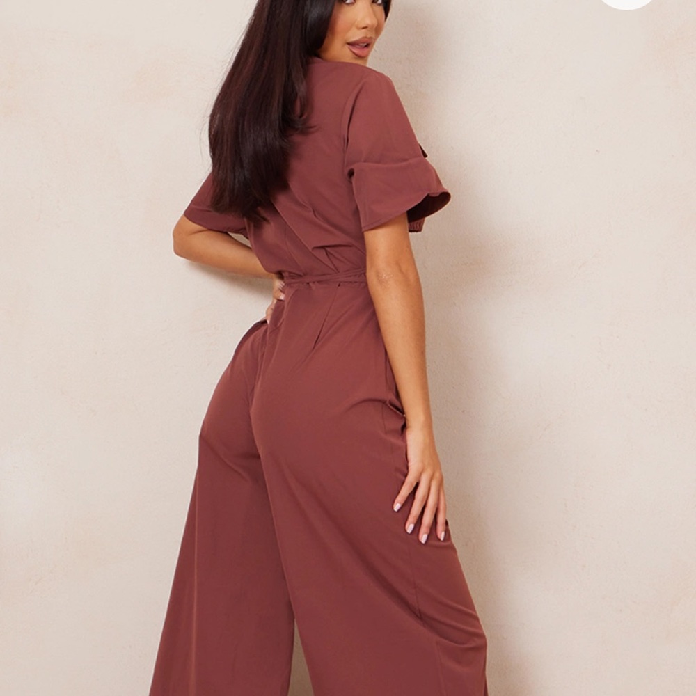Chocolate short sleeve tie waist jumpsuit - Picture 5 of 9